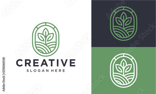 Minimalist line art logo design featuring abstract green leaves and fields within an elegant oval frame, symbolizing organic growth, nature, and sustainable agriculture