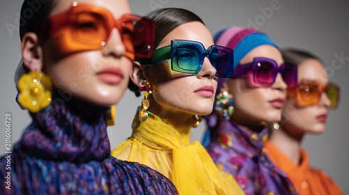 Four fashionable women wearing colorful oversized sunglasses and vibrant clothing posing together for a studio portrait