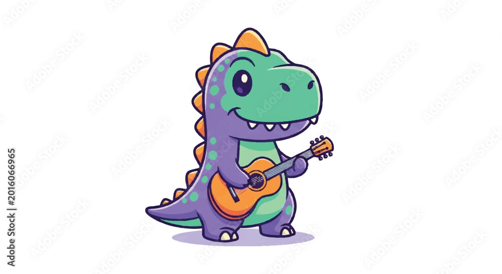 Obraz premium Cute Dinosaur Playing Guitar Cartoon Illustration.