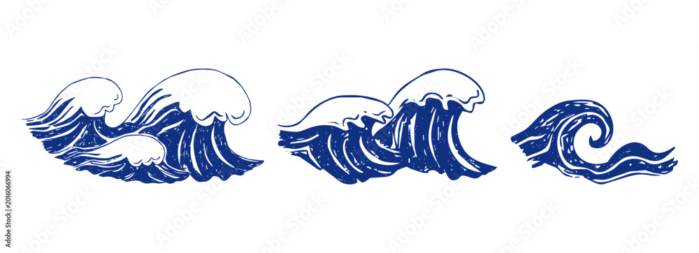 Fototapeta premium Summer beach sea waves, border set. Linocut wave silhouette crayon texture. Blue water waves, line sketch water with splash, ripple. 