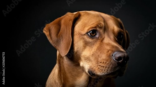 Close-up portrait of a Labrador dog against a dark background.