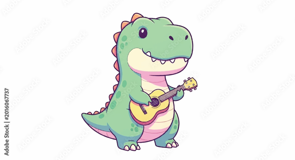 Obraz premium Cute cartoon dinosaur playing ukulele happy and fun illustration.