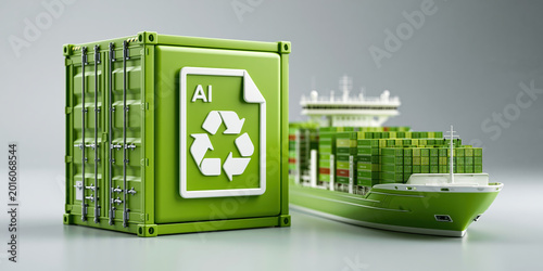 Enterprise ai document green shipping container with recycling symbol and cargo ship