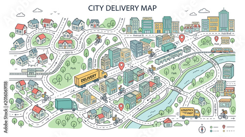 An illustration of a stylized city delivery map with various buildings, roads, and landmarks on a white background.
