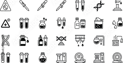 Biotechnology icons display a collection of chemical glassware and dna strands for scientific exploration.