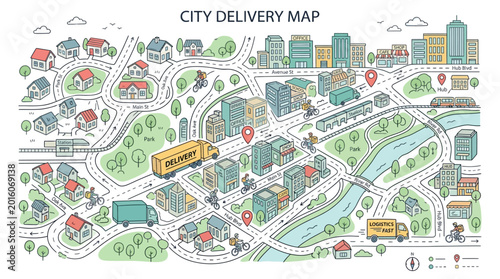 Detailed city delivery map showing roads, buildings, parks, and transportation routes.