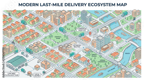 Illustrated modern last-mile delivery ecosystem map showcasing urban logistics and transportation.