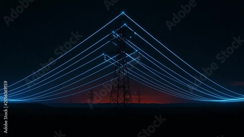 A striking night scene of glowing power lines against a dark landscape.