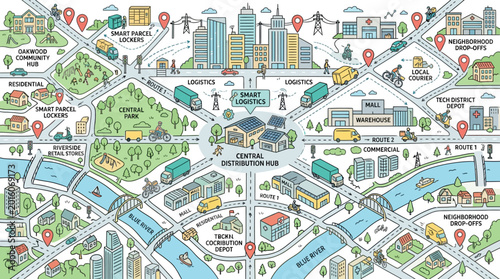 A colorful illustration of a city map with various buildings, roads, and landmarks, showcasing a vibrant urban landscape with a mix of green spaces and infrastructure.