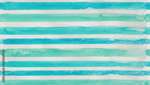 Hand Painted Teal and Blue Watercolor Horizontal Stripes Pattern Background.