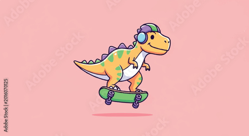Cute Dinosaur Riding Skateboard with Headphones Cartoon.
