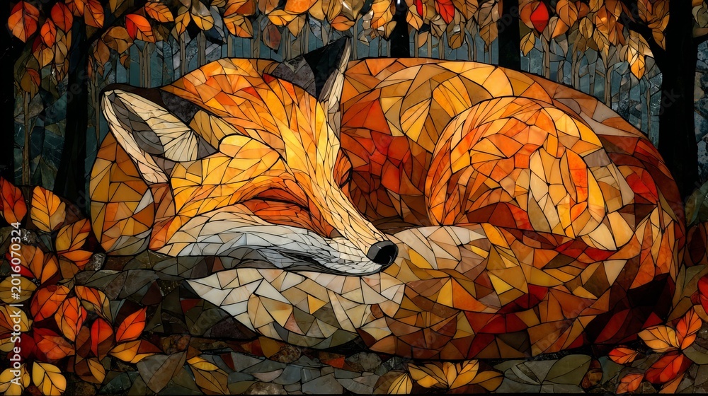 Obraz premium A beautiful mosaic fox sleeping peacefully while surrounded by vibrant autumn leaves in the forest