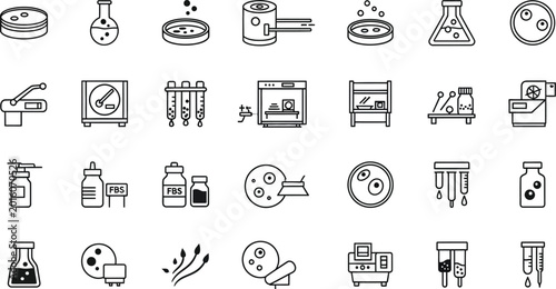 Laboratory equipment icons illustrate various scientific tools including petri dishes, test tubes, and chemical flasks for research documentation.