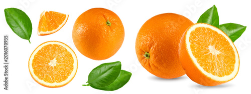 orange fruits with slices and green leaves isolated on white background. clipping path