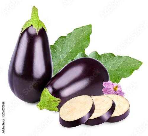 fresh eggplants isolated on white background. clipping path