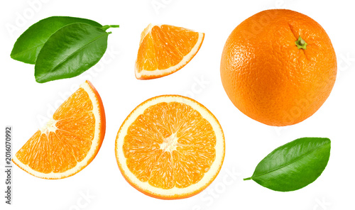 orange fruits with slices and green leaves isolated on white background. clipping path