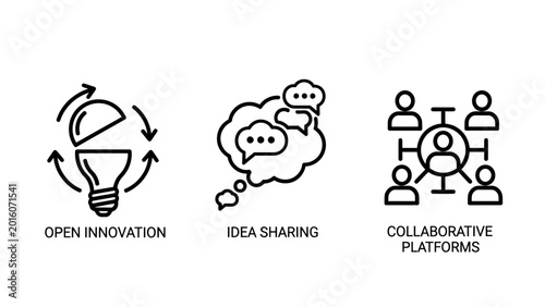 Collaborative business innovation and idea sharing conceptual icons in black line art with innovation collaboration business teamwork creative strategy communication platform lightbulb