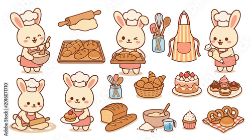 Cute Kawaii Baking Bunny Rabbit Characters and Pastries Vector Art