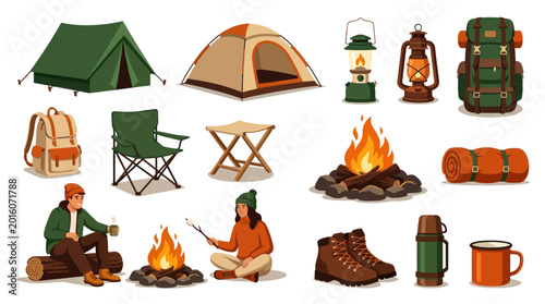 Camping Gear Flat Vector Icons - Tents, Backpack, Lanterns, Fire, Boots