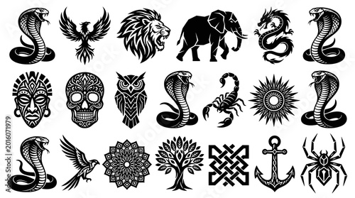 Monochrome Vector Icons Set: Animals, Skulls, Tribal Masks, and Cultural Symbols for Graphic Design