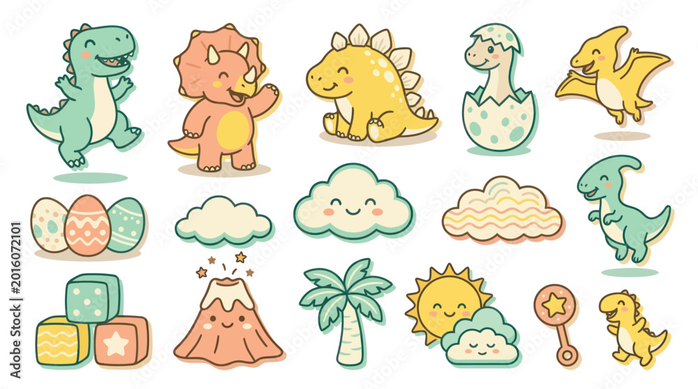 Obraz premium Cute Hand-Drawn Dinosaur Characters and Prehistoric Baby Elements Collection in Cartoon Style for Kids