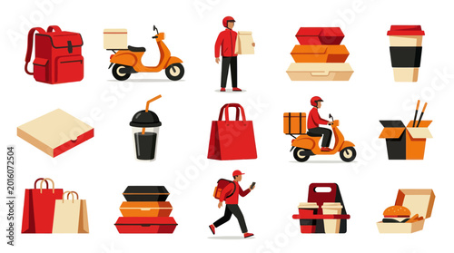 Flat Vector Food Delivery Icons Set: Courier Service Elements, Takeaway Boxes  Drink Cups Collection