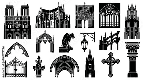 Gothic Architecture Elements: Black and White Vector Icons for Churches and Cathedrals