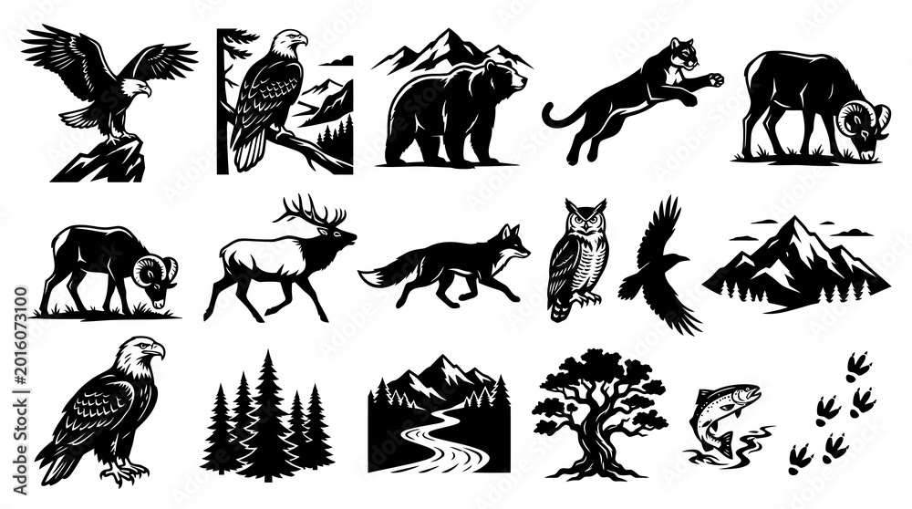 Fototapeta premium Outdoor Adventure Monochromatic Vector Icons Set: Wildlife Animals, Mountains, Forest, River, Tracks