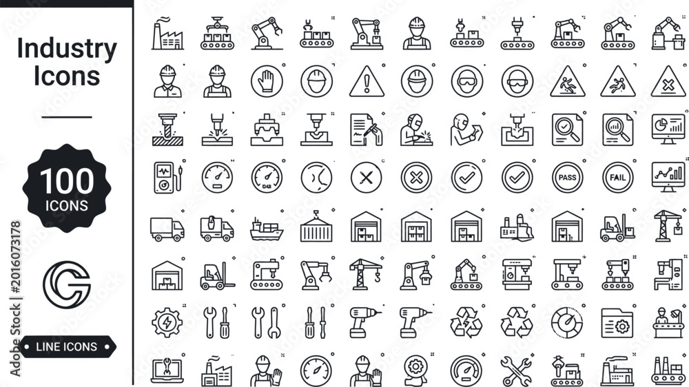 Fototapeta premium Industry Icons Set for Manufacturing Factory Logistics Robotics Engineering Construction Warehouse and Safety
