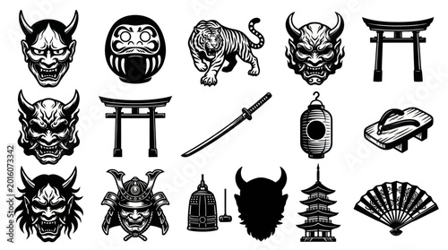 Japanese Culture Icons: Oni Masks, Samurai, Torii Gates, Tiger, Lantern, Fan, Pagoda, Daruma