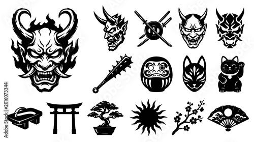 Japanese Oni Masks, Samurai Swords, Daruma Doll, Lucky Cat, Torii Gate, Bonsai - Vector Icons