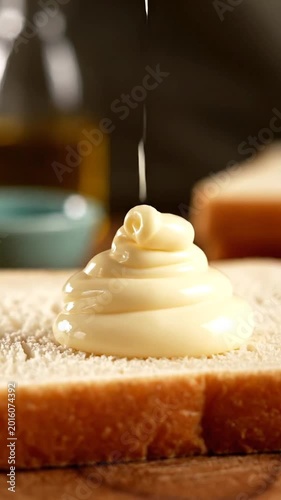 Creamy substance pouring onto bread slice food preparation close up