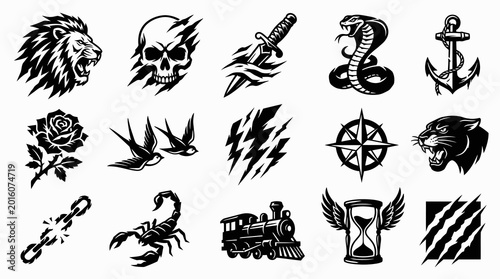Black and White Tattoo Designs: Lion, Skull, Rose, Cobra, Anchor, Train, Hourglass