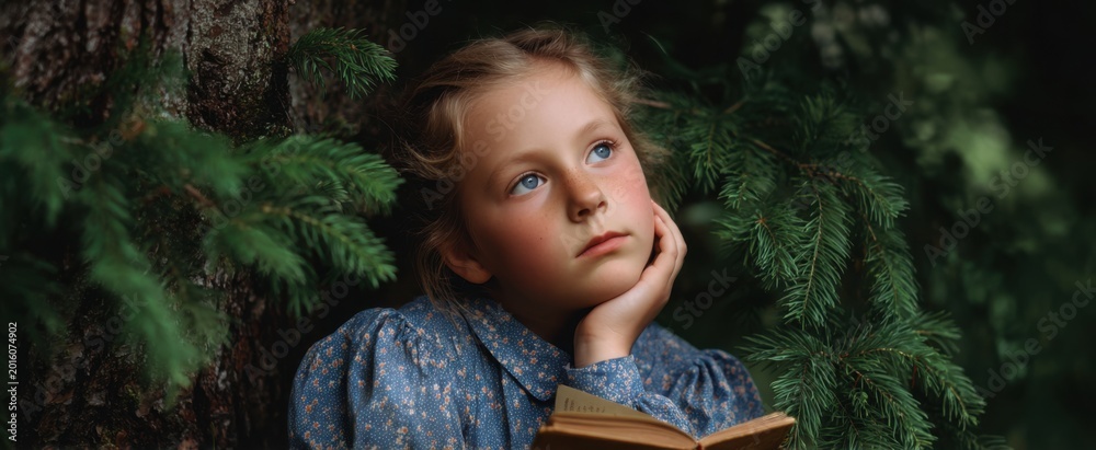 Naklejka premium Child nestled under tall branches engrossed in her story.
