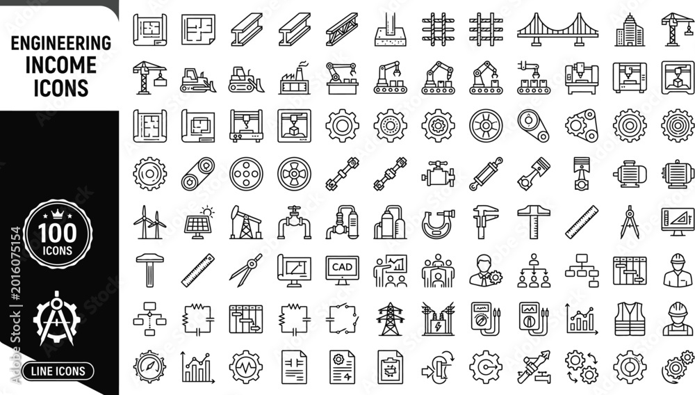 Fototapeta premium Engineering Industry Icon Set Construction Mechanical Technical Blueprint Line Art Symbols