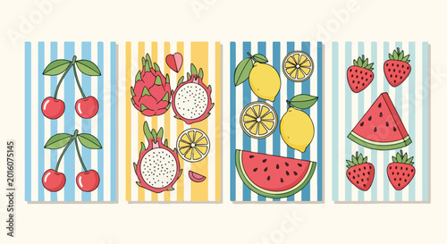 Colorful summer fruit illustrations featuring cherries dragon fruit watermelon and strawberries in a playful cartoon