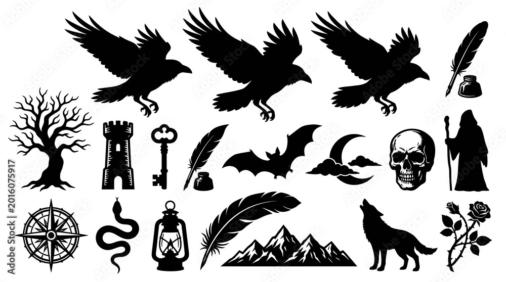Fototapeta premium Dark Fantasy Gothic Mystical Vector Silhouette Collection: Black White Halloween Magic Elements Set