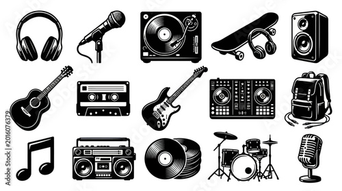 Black  White Music and Audio Equipment Vector Icons Set - Instruments  Sound Devices Collection