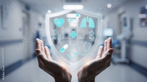 Two hands hold a transparent shield with various medical icons like lungs, heart, DNA, and stethoscope, symbolizing healthcare protection and medical innovation.