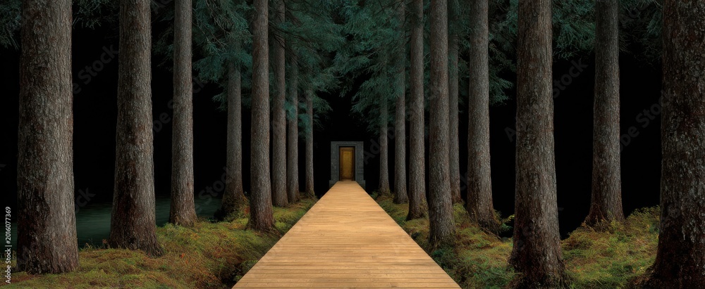 Fototapeta premium The solitary walkway welcomes quiet thoughts beneath giant trees and tall woods