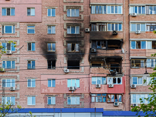 Multistory residential building after being hit Shahed attack drone