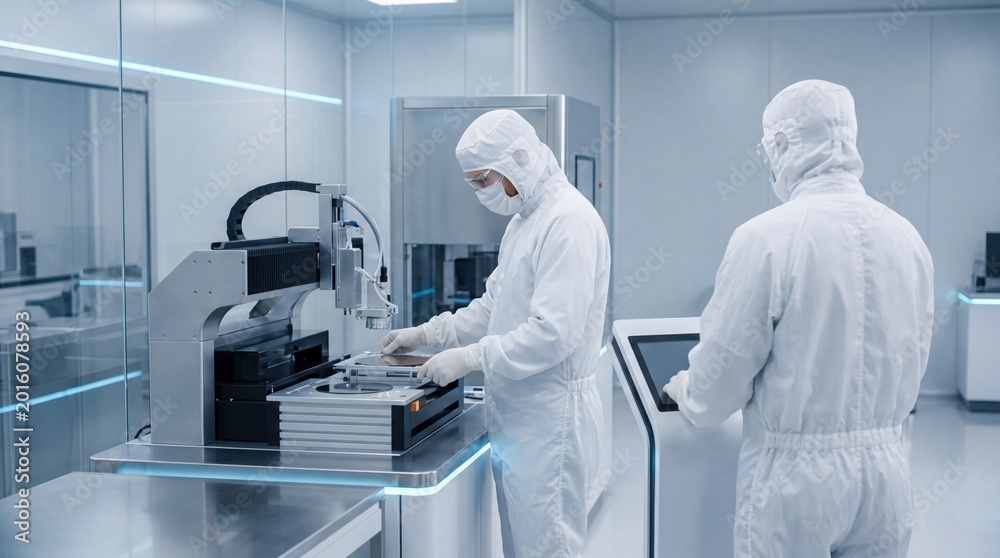 Obraz premium Workers in protective suits operating advanced machinery inside a modern cleanroom facility high tech manufacturing process laboratory research equipment semiconductor fabrication