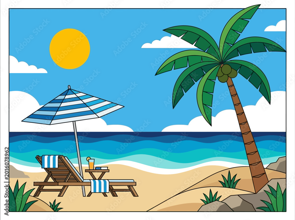 Obraz premium Tropical Beach Vacation Vector Illustration with Palm Tree, Sun Lounger, and Umbrella under a Bright Sun