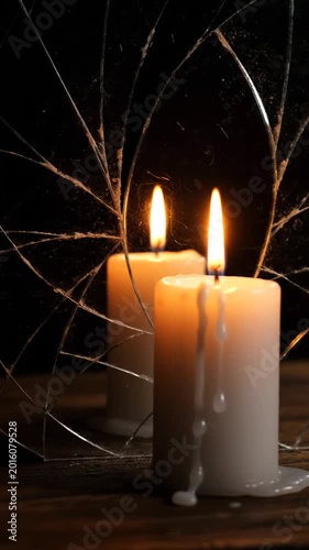 Lit candle reflecting in cracked mirror creating atmospheric composition