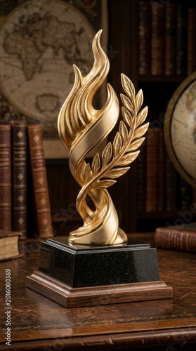Golden trophy with flame and laurel wreath on desk