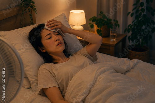 熱帯夜で寝苦しい若い女性