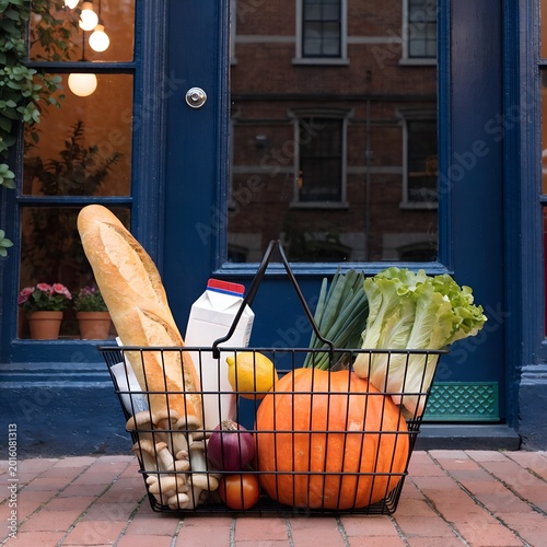 Supermarket shopping cart filled with food products on the street