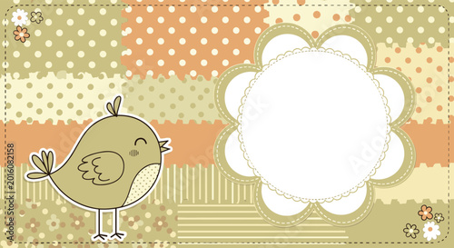 Charming patchwork background with a cute small bird and a scalloped white frame for photos or text in soft pastel nursery colors.