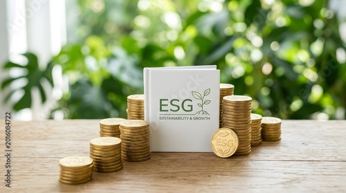 Esg sustainability and growth concept with coins and green background