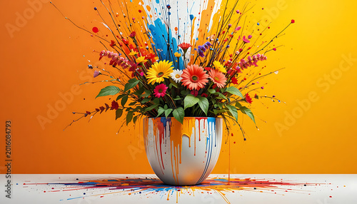 Colorful flower arrangement in paint-splattered vase, on white table against orange background, colorful flowers